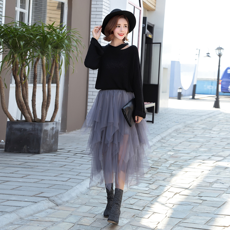 autumn-fashion-asymmetrical-tulle-skirt-black-gray-khaki-high-waist-long-skirt-korean-women-skirt