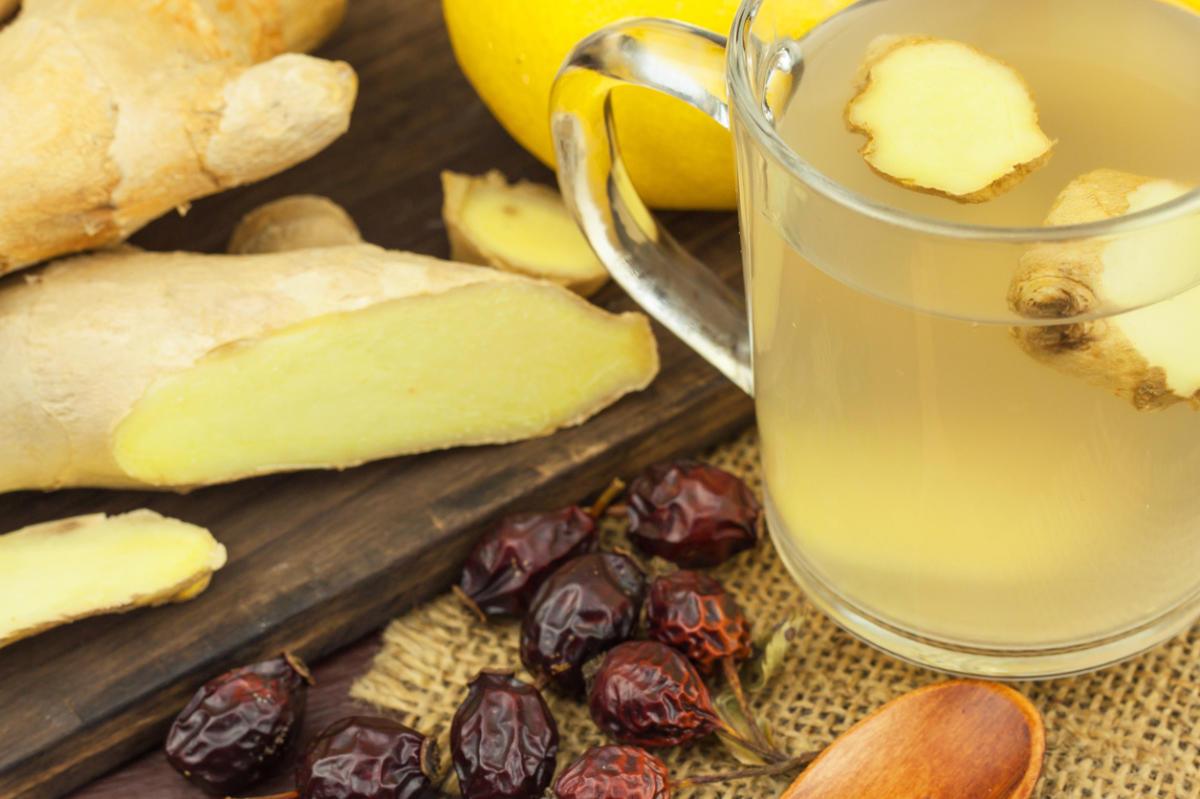 Ginger tea. Natural treatment for colds and flu. Ginger, lemon, honey and rosehip tea against influenza.