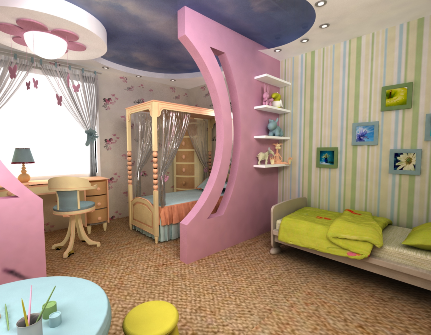 детская комната для девочки с зонированием