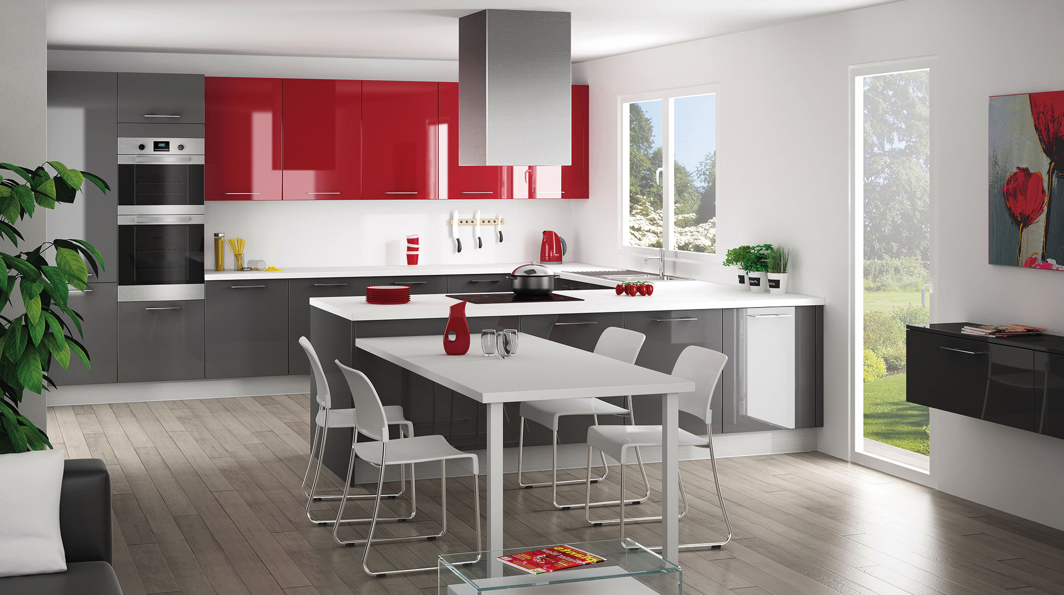 Кухонный гарнитур красный с серым цветом в интерьере