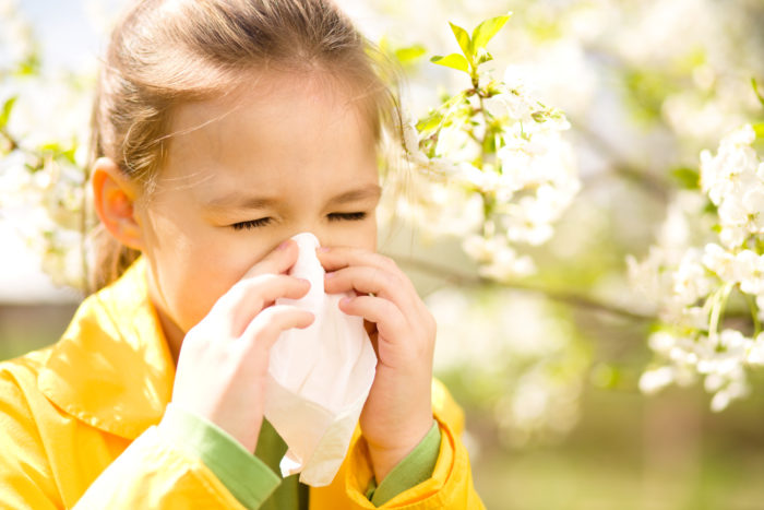 Little girl is blowing her nose near spring tree in bloom