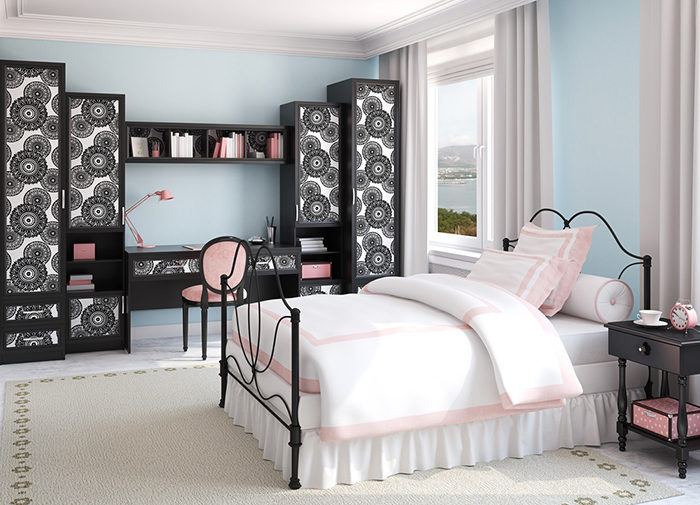 Interior of girl's bedroom. 3d render. Photo behind the window was made by me.