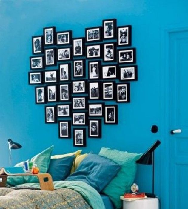 turquoise-bedroom-with-heart-shaped-headboard-made-out-of-picture-frames