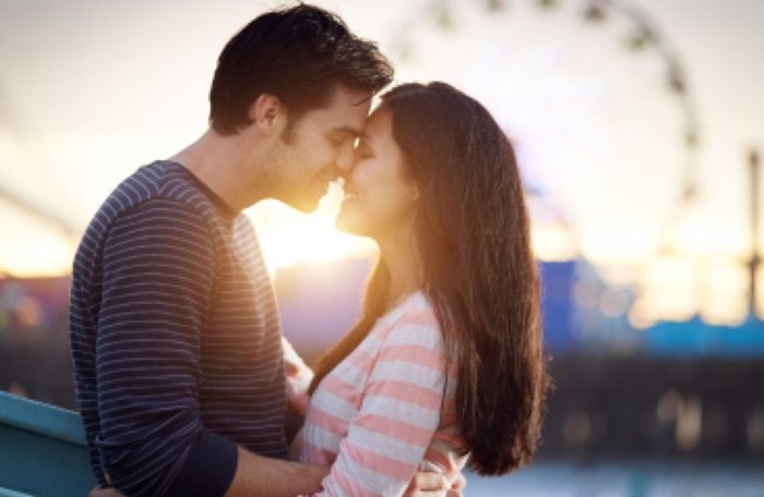 поцелуй, парень, девушка, закат, любовь, колесо обозрения.