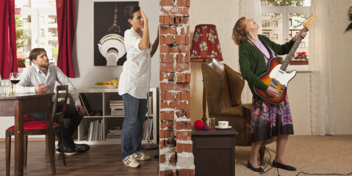 A split screen showing an angry woman pounding on the wall to her neighbor