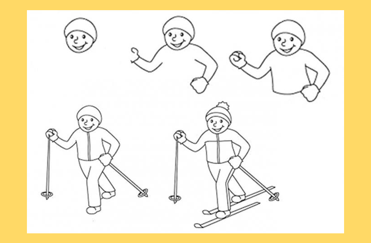 Нарисовать детей зимой легко. Зимний спорт рисунок. Лыжник рисунок карандашом. Зимние виды спорта поэтапное рисование. Нарисовать лыжника.