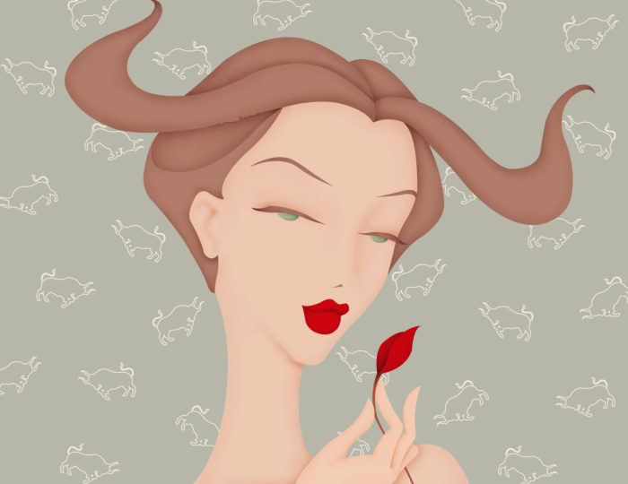 Beautiful woman with horns in hair and Taurus astrology sign pattern wallpaper