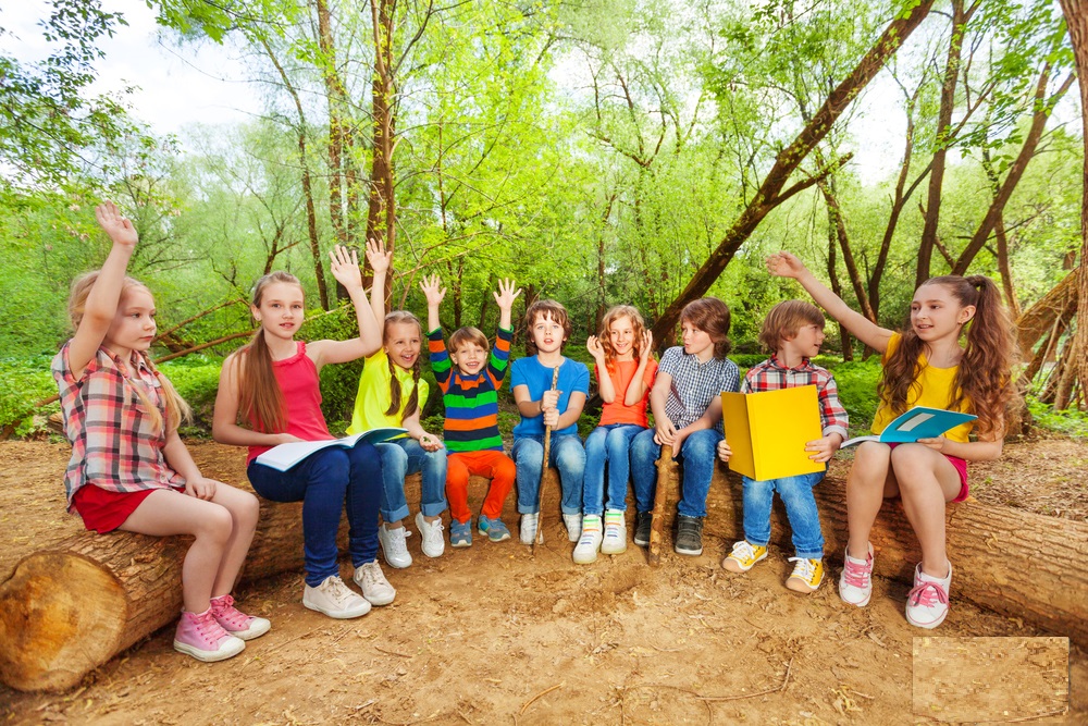 Big group of kids, reading books in the forest, sitting in a row on the log with their hands up
