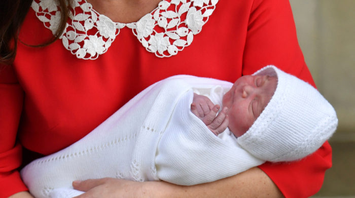 Britain's Prince William and Kate, Duchess of Cambridge with their newborn baby son as they leave the Lindo wing at St Mary's Hospital in London London, Monday, April 23, 2018. The Duchess of Cambridge gave birth Monday to a healthy baby boy — a third child for Kate and Prince William and fifth in line to the British throne. (John Stillwell/Pool photo via AP)