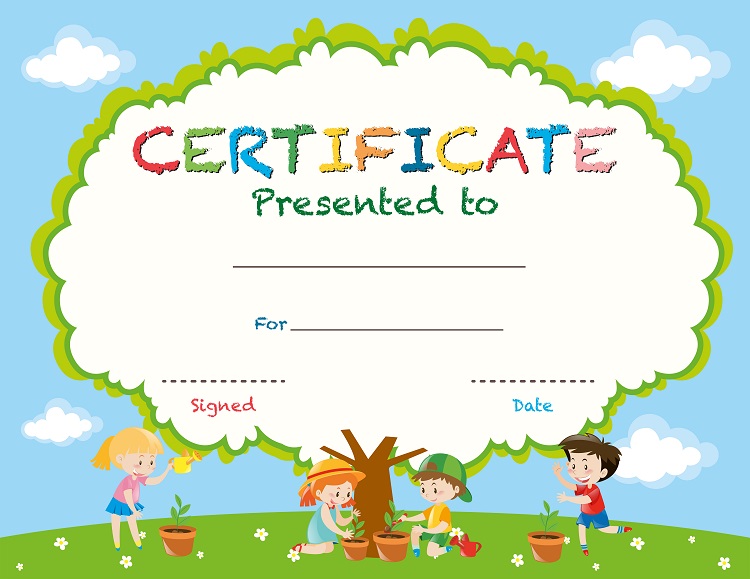Certificate template with kids planting trees illustration
