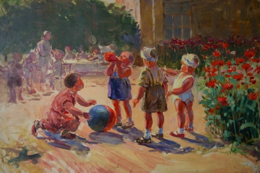 А. Н. Янев каникулы художник. Советский детский сад живопись. Дети во дворе. Дети во дворе живопись. Во дворе ребята играли в футбол