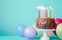 Chocolate birthday cake with colorful candles