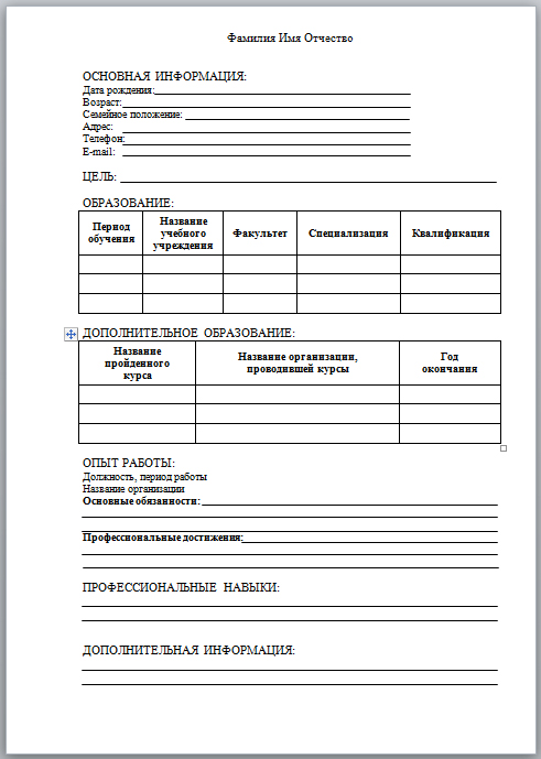 Образец заполнения резюме для работы. Форма заполнения резюме. Форма заполнения резюме Word резюме. Резюме образец бланк заполнить. Резюме образец пустые бланки.